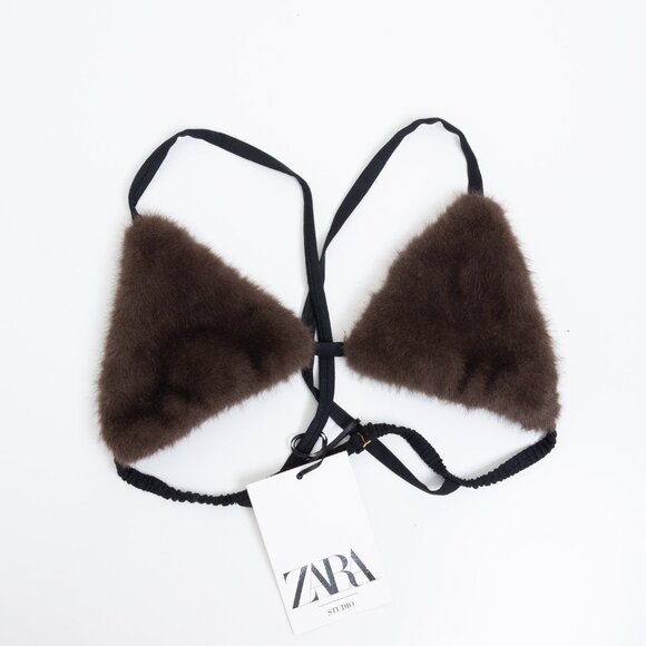 Zara Studio Faux Fur Triangle Bra Brown - Picture 2 of 9